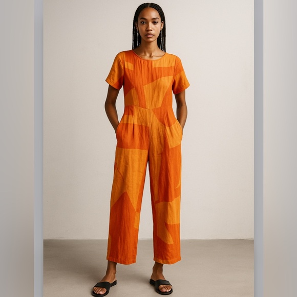 Dusen Dusen orange printed short sleeve cotton jumpsuit...
